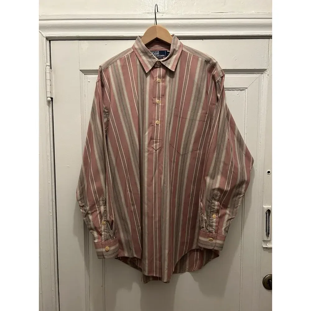 Men’s Polo Ralph Lauren Pink Beige Grey Popover Button Up Shirt Striped Large - Picture 2 of 8